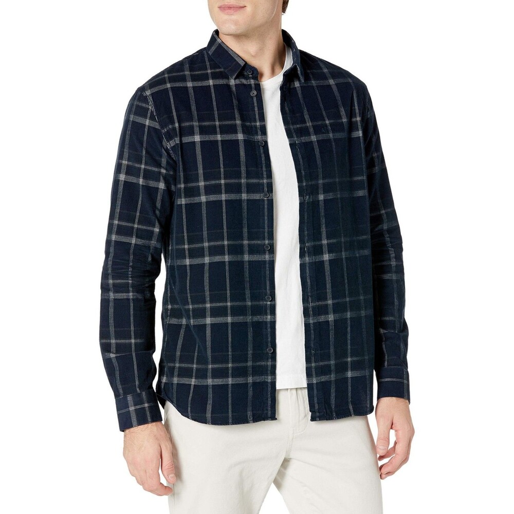 A | X Armani Exchange Men's Long Sleeve Plaid Button Down, Navy Tartan, XX-Large